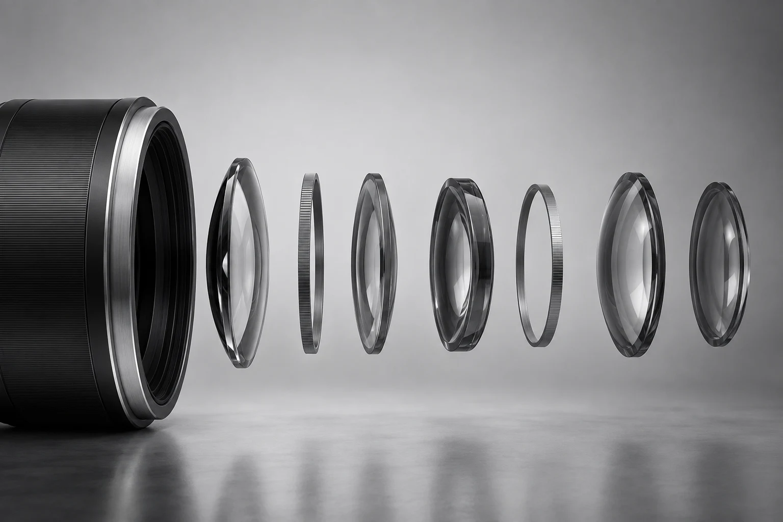 Exploded monochrome optical system representing the stages of a creative process